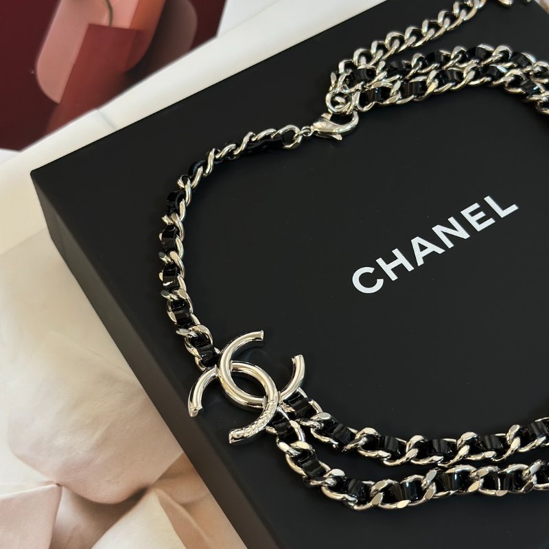 CHANEL 25P雙層皮穿鍊雙C項鍊 - 黑銀-3