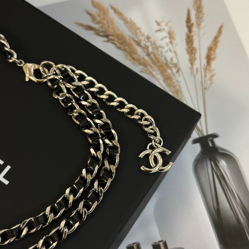 CHANEL 25P雙層皮穿鍊雙C項鍊 - 黑銀-4