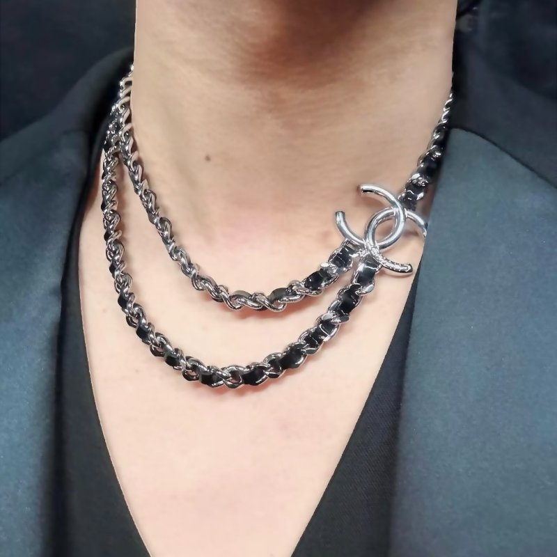 CHANEL 25P雙層皮穿鍊雙C項鍊 - 黑銀-7