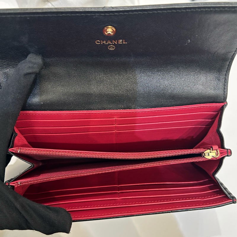 CHANEL 黑羊皮金釦 19長夾-9