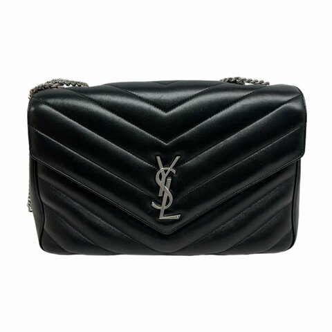 ［N386］YSL 聖羅蘭 Loulou V 形絎縫 黑色 女款 單肩包 斜挎包 銀扣