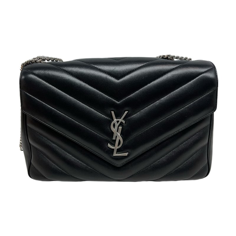 ［N386］YSL 聖羅蘭 Loulou V 形絎縫 黑色 女款 單肩包 斜挎包 銀扣-0