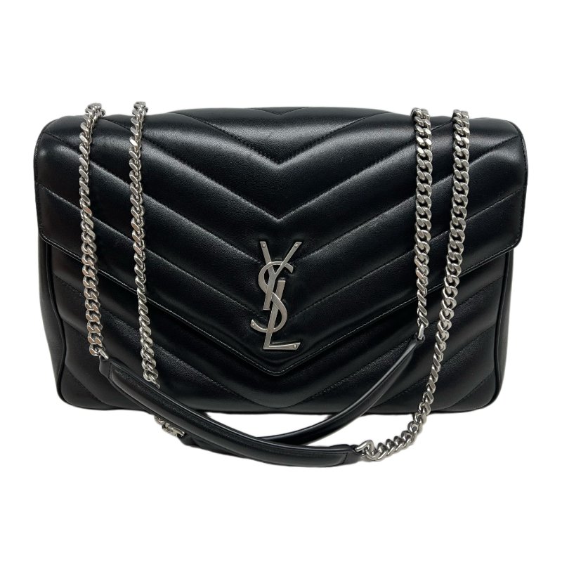 ［N386］YSL 聖羅蘭 Loulou V 形絎縫 黑色 女款 單肩包 斜挎包 銀扣-5