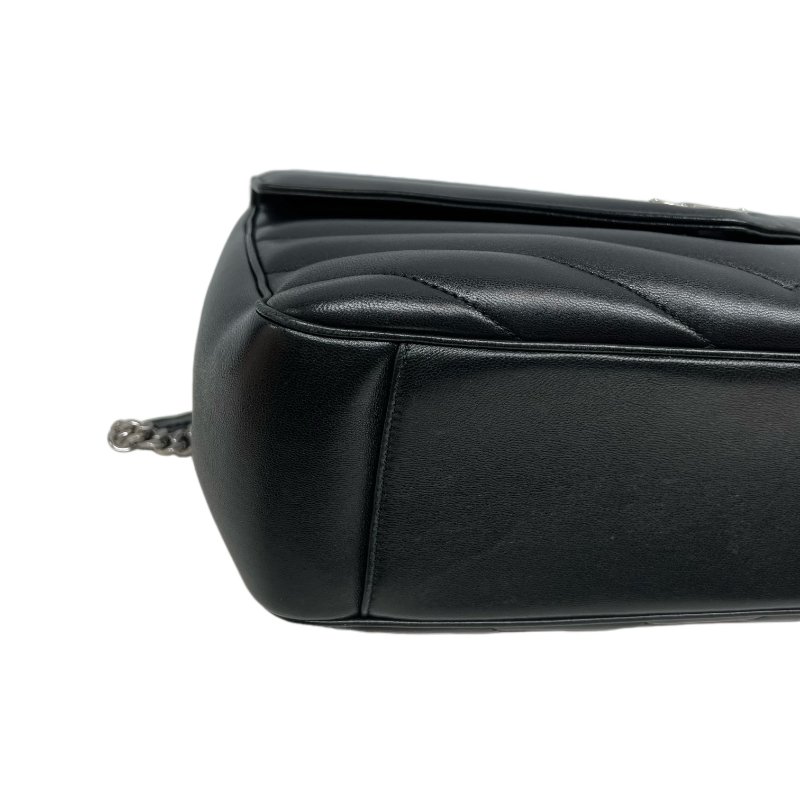 ［N386］YSL 聖羅蘭 Loulou V 形絎縫 黑色 女款 單肩包 斜挎包 銀扣-6