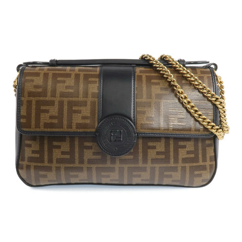 FENDI 塗層帆布/牛皮皮革Double F Shoulder Bag金扣手挽肩背兩用袋