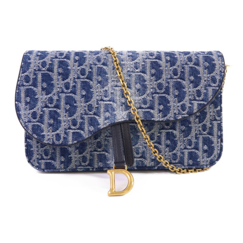 Dior Obriqur牛仔布Medium Saddle Pouch With Chain金扣鏈帶肩背袋