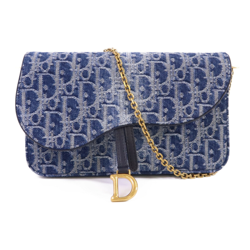 Dior Obriqur牛仔布Medium Saddle Pouch With Chain金扣鏈帶肩背袋-0