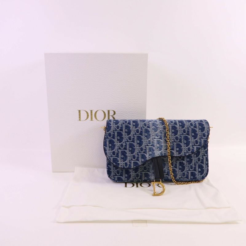 Dior Obriqur牛仔布Medium Saddle Pouch With Chain金扣鏈帶肩背袋-18