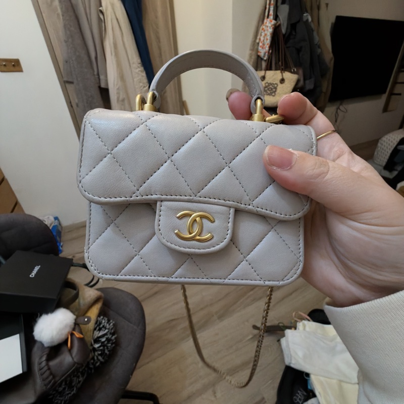香奈兒 Chanel 手提 斜背 小廢包 淺灰 7成新-4