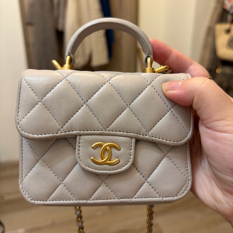 香奈兒 Chanel 手提 斜背 小廢包 淺灰 7成新-10