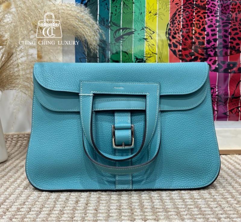 🌈Hermes🩵Halzan 31🩵馬卡龍藍色銀扣🌈99新🌟TC皮🌟愛馬仕🌟-0