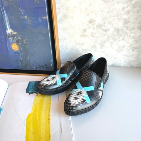 Prada 普拉達 藍白圖紋黑皮鞋/36號/99新美品