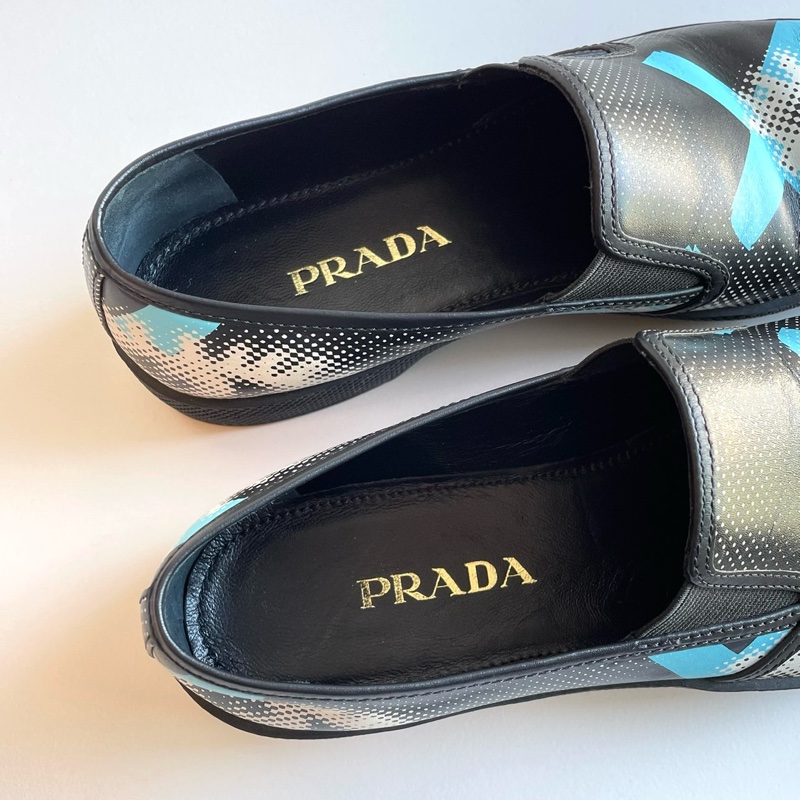 Prada 普拉達 藍白圖紋黑皮鞋/36號/99新美品-2