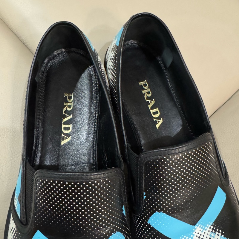 (已預留)Prada 普拉達 藍白圖紋黑皮鞋/36號/99新美品)-13