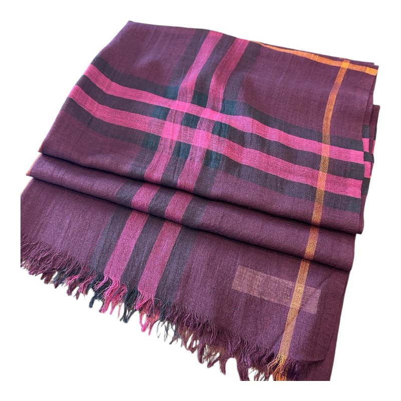 BURBERRY酒紅格紋薄圍巾-1