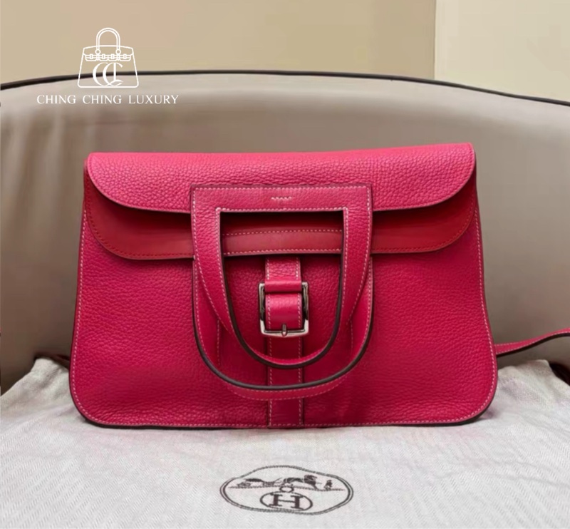 🌈Hermes💗Halzan 31💗極致粉拼石榴紅銀扣🌈99新🌟TC皮🌟愛馬仕🌟-0