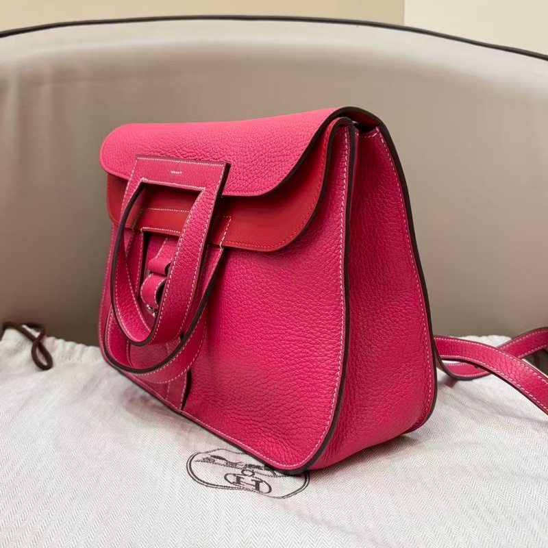 🌈Hermes💗Halzan 31💗極致粉拼石榴紅銀扣🌈99新🌟TC皮🌟愛馬仕🌟-2