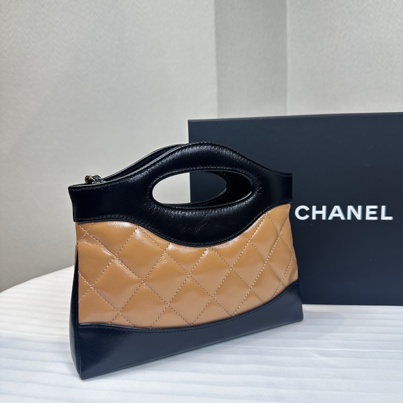 99新 香奈兒/Chanel 31 Mini Nano Bag 牛皮金扣橫版迷你購物袋手提斜背包 黑色駝色拼色21x3x13cm-1