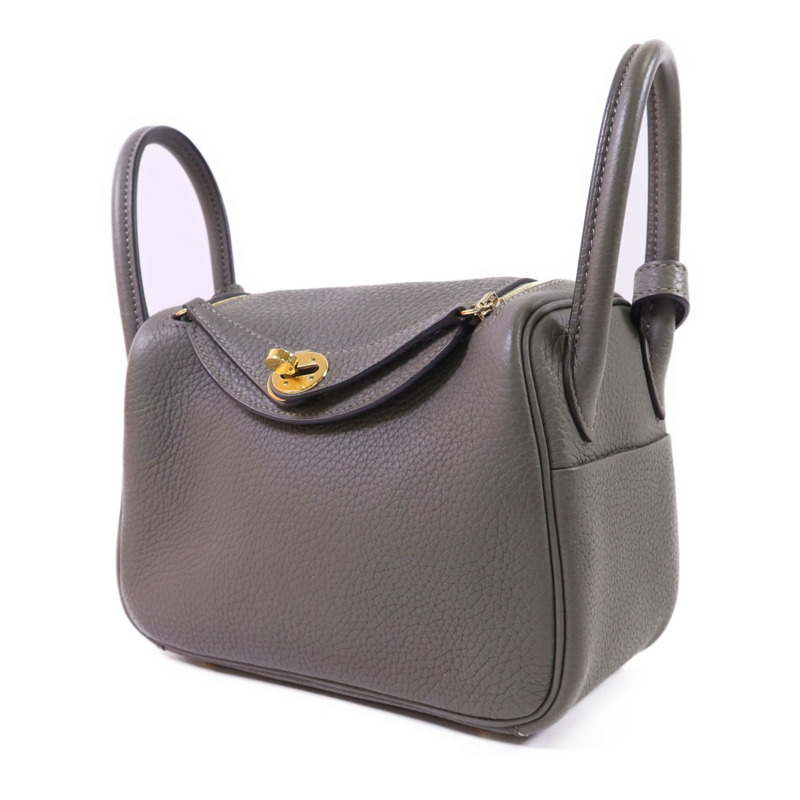 HERMES Clemence皮革Mini Lindy金扣手挽肩背兩用袋Gris Meyer-1