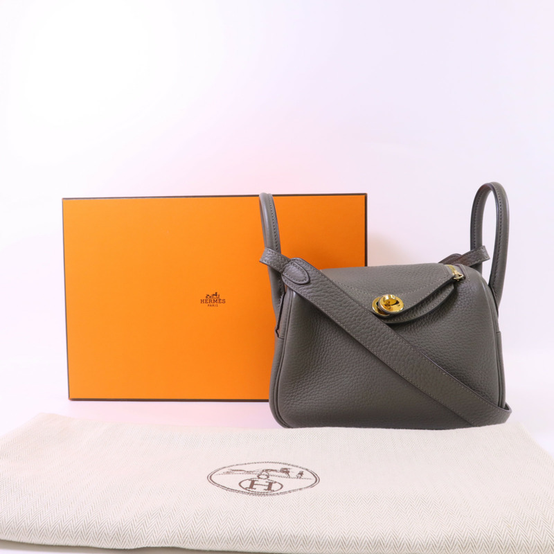 HERMES Clemence皮革Mini Lindy金扣手挽肩背兩用袋Gris Meyer-16