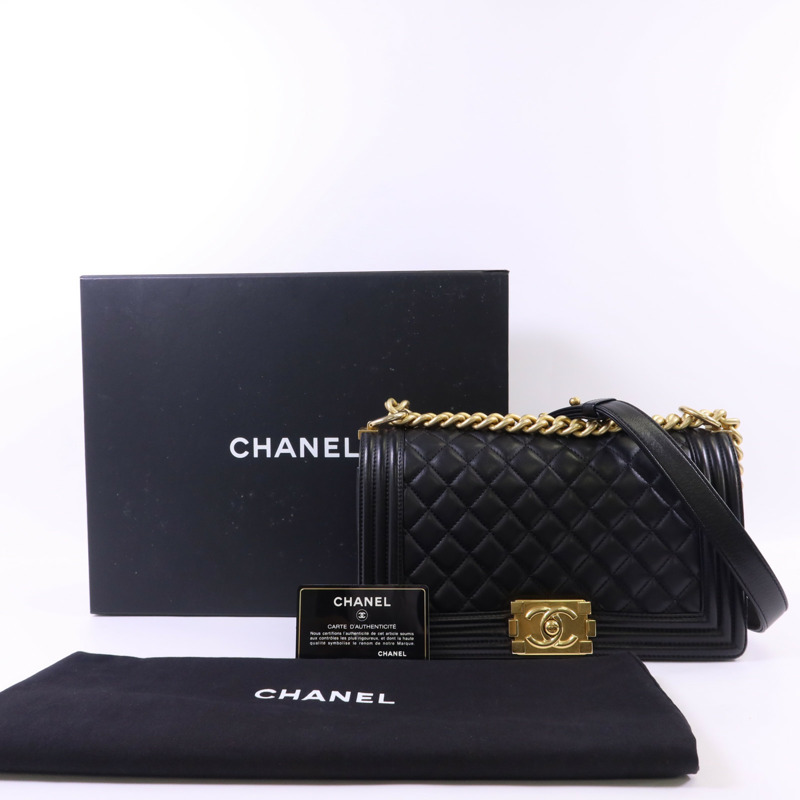 CHANEL 羊皮皮革Boy 25金扣鏈帶肩背袋-19