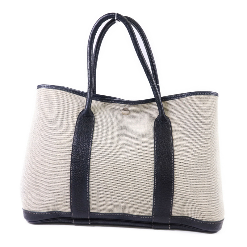 HERMES 帆布GardenParty PM銀扣手挽袋Noir-1