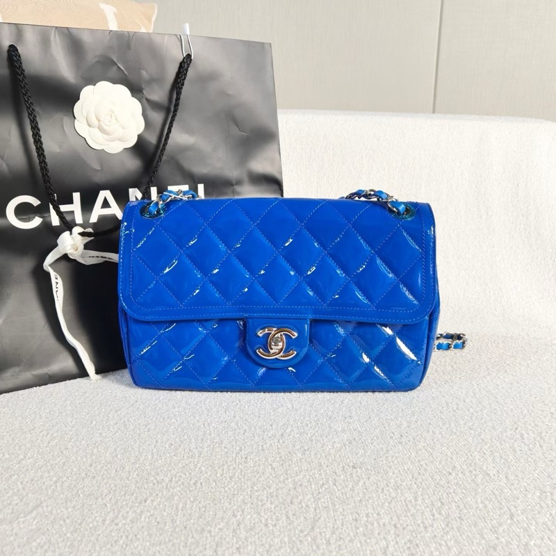 Chanel 寶藍色漆皮銀扣季節款限定CF中號25*15*7 99新配件盒子塵袋保卡-1