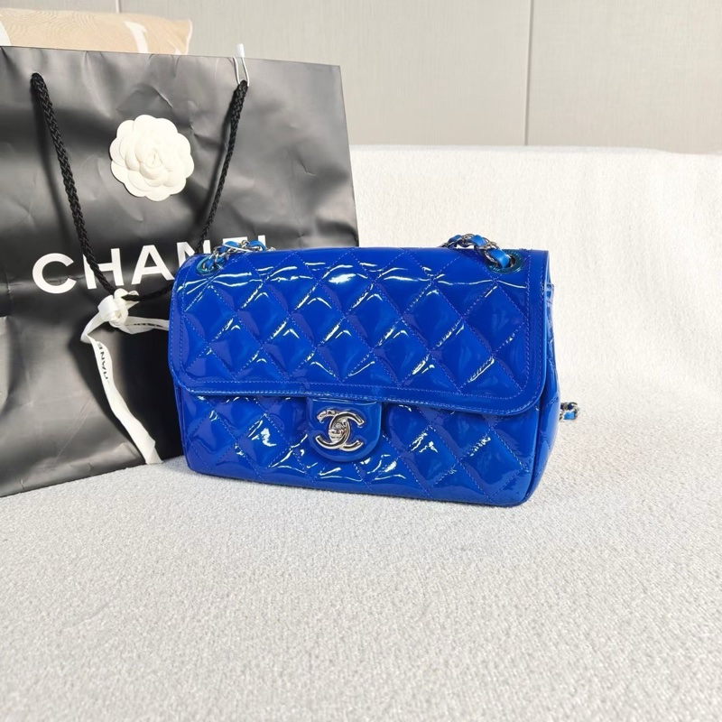 Chanel 寶藍色漆皮銀扣季節款限定CF中號25*15*7 99新配件盒子塵袋保卡-3