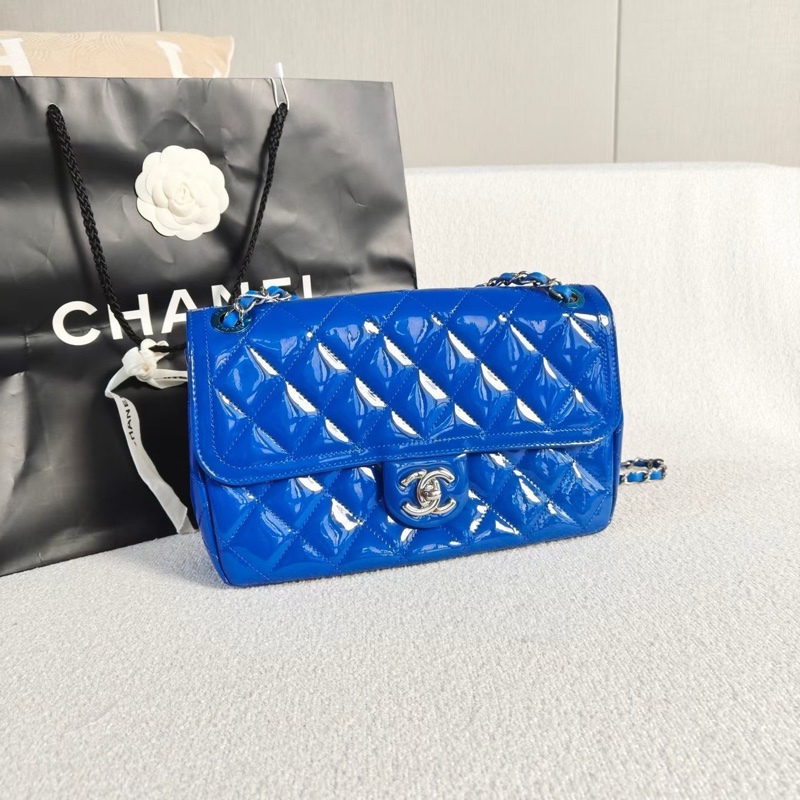 Chanel 寶藍色漆皮銀扣季節款限定CF中號25*15*7 99新配件盒子塵袋保卡-5