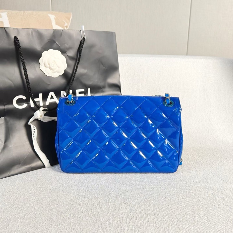Chanel 寶藍色漆皮銀扣季節款限定CF中號25*15*7 99新配件盒子塵袋保卡-6