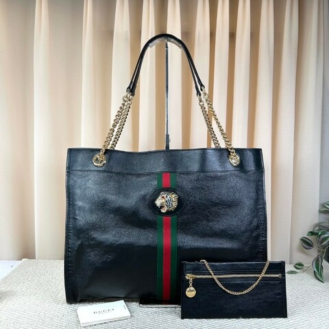 Gucci古馳 Rajah水晶琺琅虎頭托特包 黑色牛皮材質 經典紅綠條紋配飾