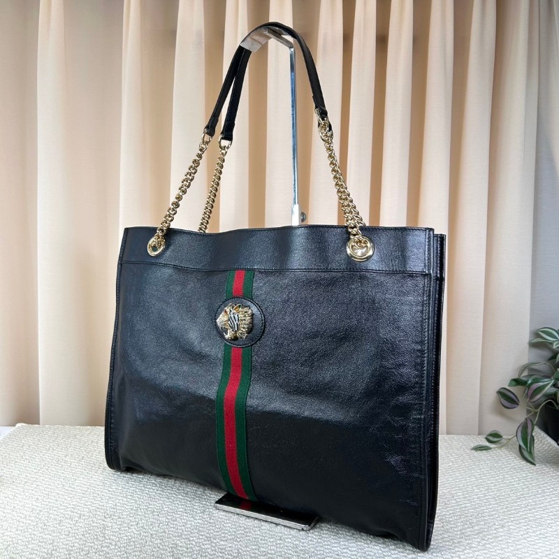 Gucci古馳 Rajah水晶琺琅虎頭托特包 黑色牛皮材質 經典紅綠條紋配飾-3