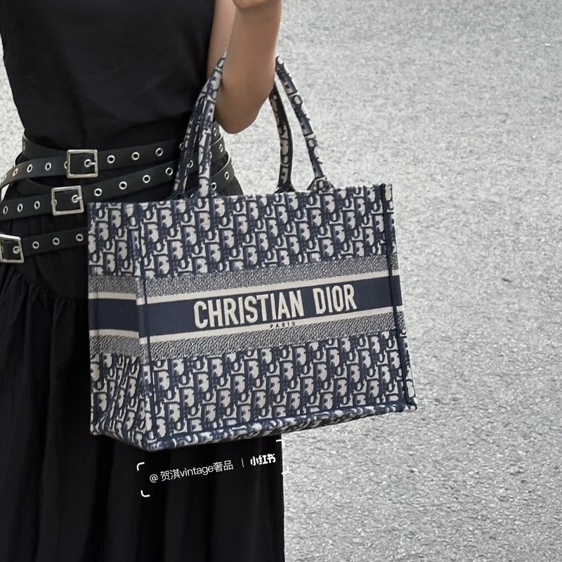 CHRISTIAN DIOR - 深藍Oblique刺繡帆布BookTote托特包 ╻中號-6