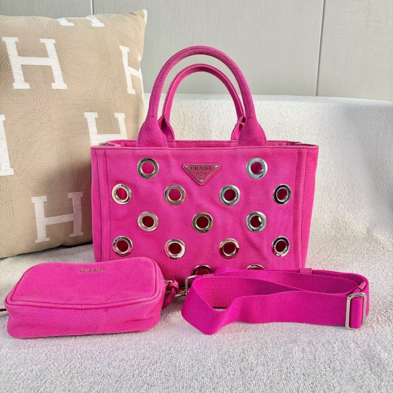 Prada洞洞圓環子母沙灘包粉色帆布 銀扣29*19*14 98新配件子包塵袋-1