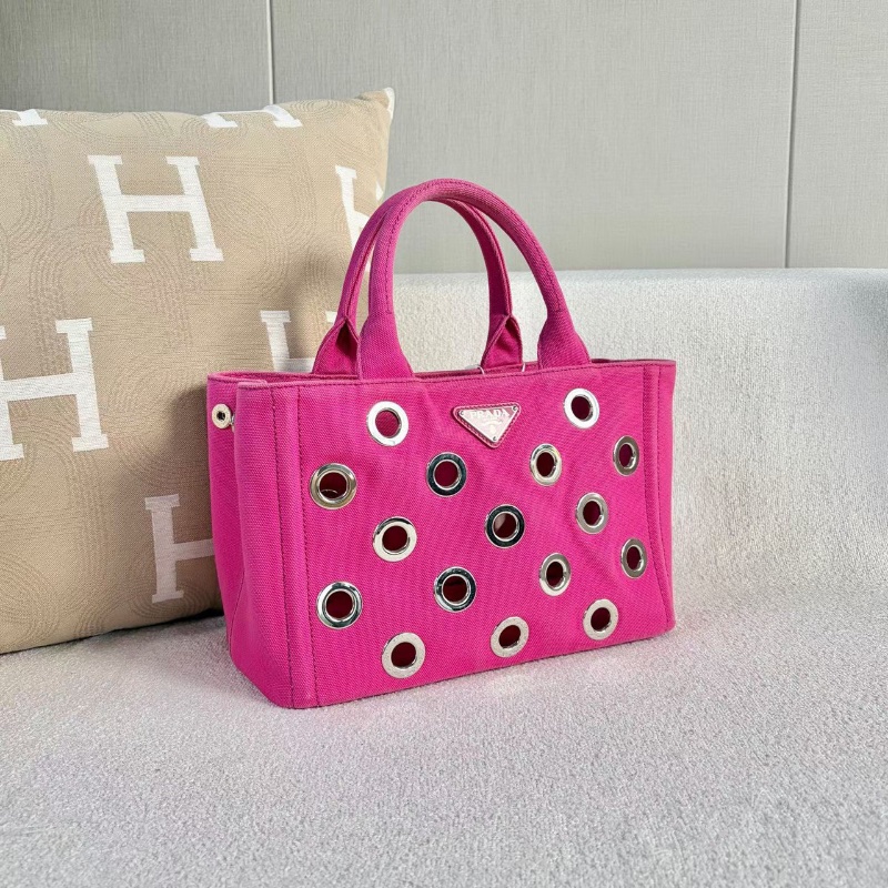 Prada洞洞圓環子母沙灘包粉色帆布 銀扣29*19*14 98新配件子包塵袋-3