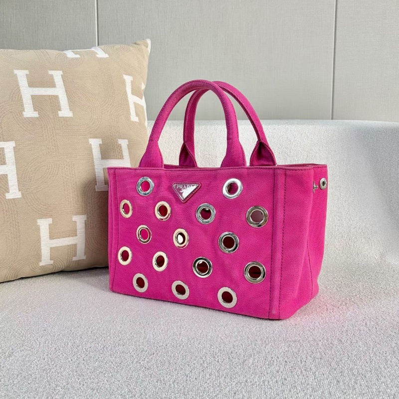 Prada洞洞圓環子母沙灘包粉色帆布 銀扣29*19*14 98新配件子包塵袋-5