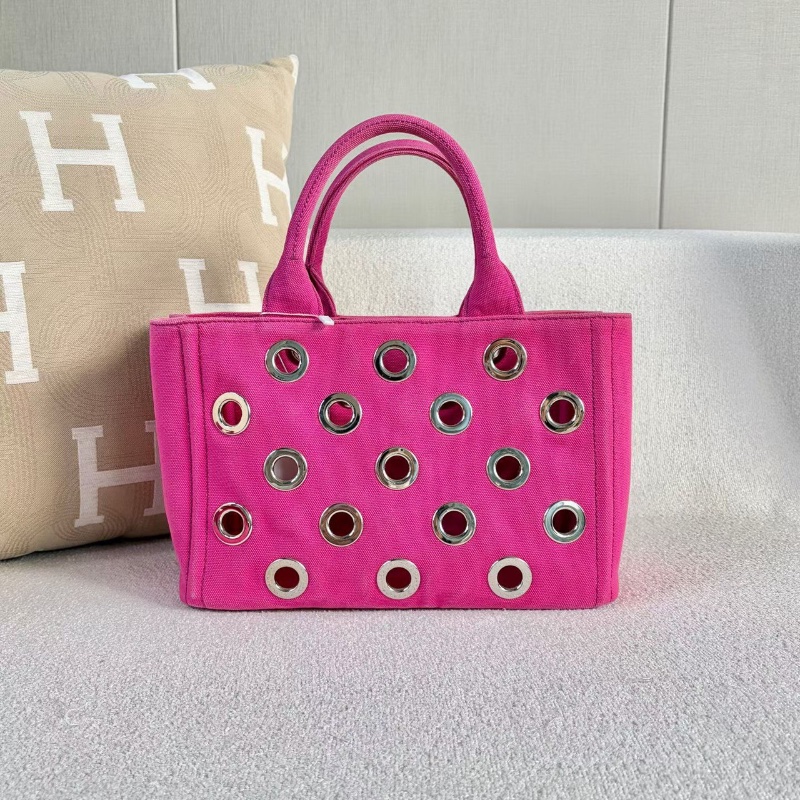 Prada洞洞圓環子母沙灘包粉色帆布 銀扣29*19*14 98新配件子包塵袋-6