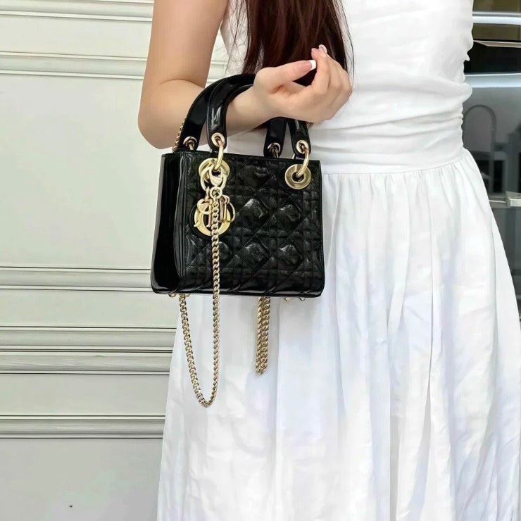 Dior 黑金三格漆皮黛妃包手提肩背斜背包17×14×7cm 99新配件保卡塵袋-0