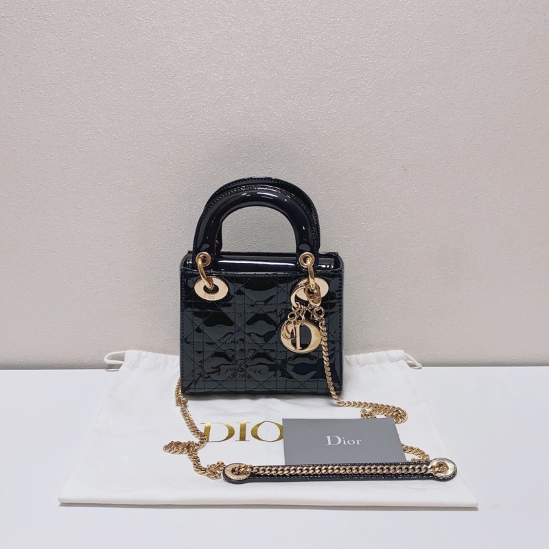 Dior 黑金三格漆皮黛妃包手提肩背斜背包17×14×7cm 99新配件保卡塵袋-1