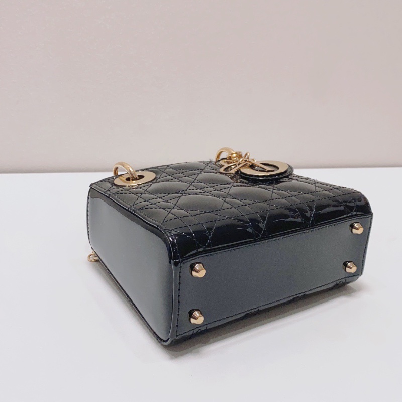 Dior 黑金三格漆皮黛妃包手提肩背斜背包17×14×7cm 99新配件保卡塵袋-5