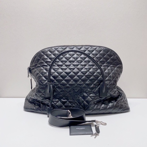 YSL 大號黑銀絎縫牛皮菱格紋旅行袋機場包56×46×19  98新配件塵袋鑰匙