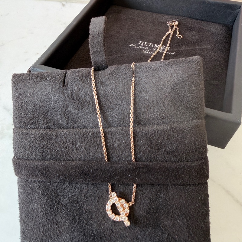 閒置近全新✨Hermes Finesse 小Q項鍊項鏈 玫瑰金滿鑽 2023年保證書-1