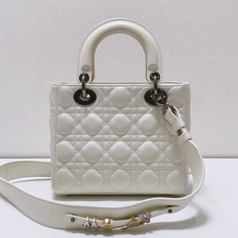 Dior 白色四格羊皮菱格紋黛妃包20×17×6 98新配件塵袋-6
