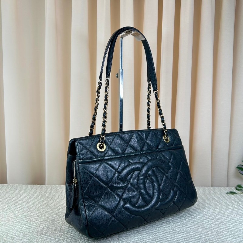 ZZZ Chanel香奈兒黑銀荔枝皮雙C大logo托特包 容量大 通勤休閒都能背 經典百搭款-2