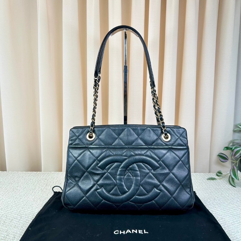 ZZZ Chanel香奈兒黑銀荔枝皮雙C大logo托特包 容量大 通勤休閒都能背 經典百搭款-6