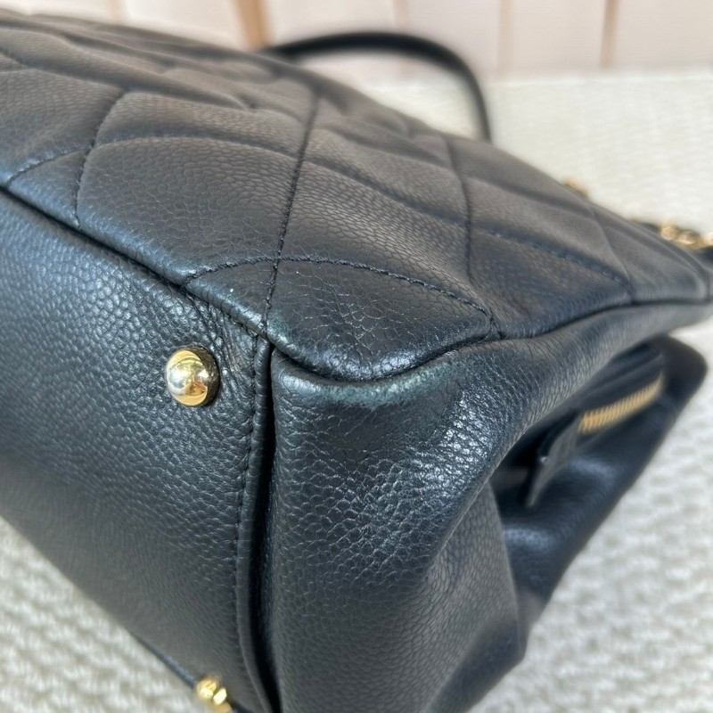 ZZZ Chanel香奈兒黑銀荔枝皮雙C大logo托特包 容量大 通勤休閒都能背 經典百搭款-19