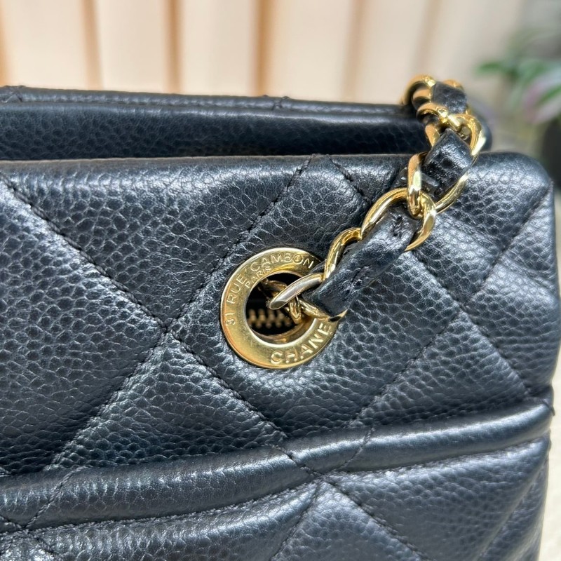 ZZZ Chanel香奈兒黑銀荔枝皮雙C大logo托特包 容量大 通勤休閒都能背 經典百搭款-23