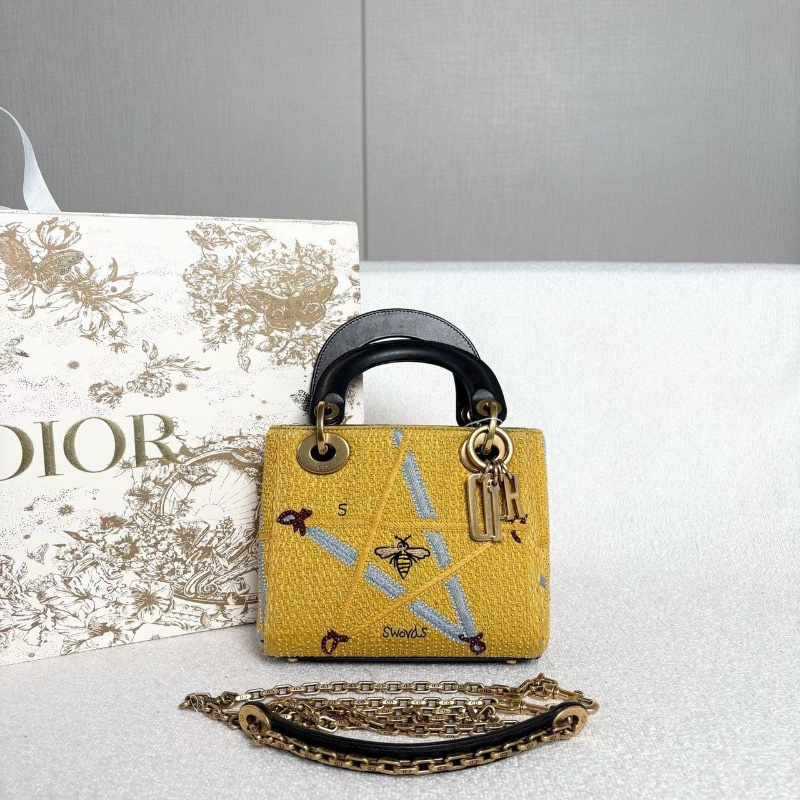Dior蜜蜂刺繡三格黛妃包黃色金扣17*14*7 98新配件塵袋-1
