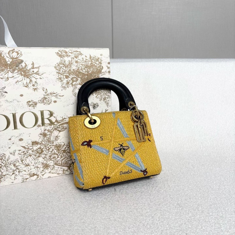 Dior蜜蜂刺繡三格黛妃包黃色金扣17*14*7 98新配件塵袋-3