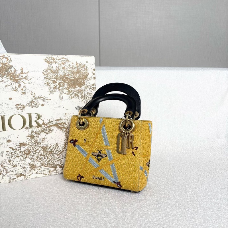 Dior蜜蜂刺繡三格黛妃包黃色金扣17*14*7 98新配件塵袋-4